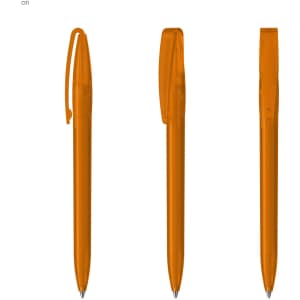 A set of three plastic pens in a bright orange colour, featuring a clip and a smooth barrel design.