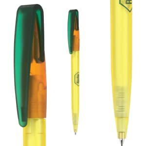 A plastic pen in yellow and green featuring a clip and a logo. The pen has a translucent barrel.