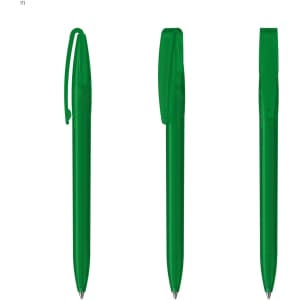 A set of three green plastic pens, featuring different angles and designs, with a logo on one.