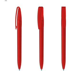 A set of three red plastic pens with caps, featuring a simple design and a branding logo.