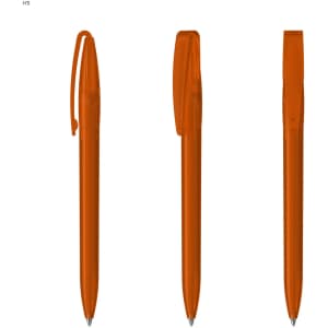 An orange plastic pen with a clip, displayed from three angles. The pen has a smooth barrel and a retractable tip.