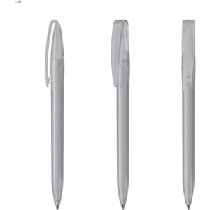 A set of transparent plastic pens in various positions, featuring a clip and a sleek design.