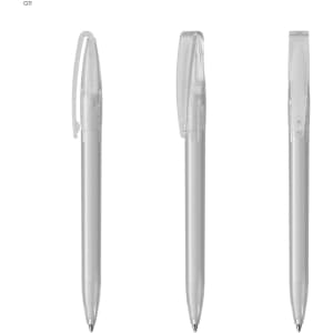 A set of transparent plastic pens with clips, featuring a sleek design and silver detailing.