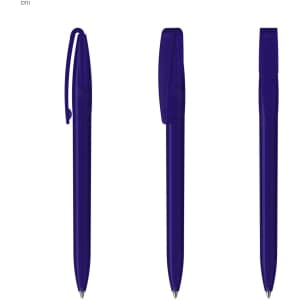 A set of three purple plastic pens with clips and retractable tips, featuring a simple design and a logo.
