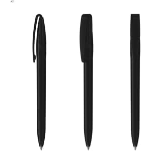 A set of black plastic pens displayed from different angles, featuring clips and smooth designs.