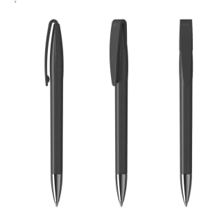 A set of three sleek metal pens in matte black with silver tips, featuring a discreet logo on each pen.