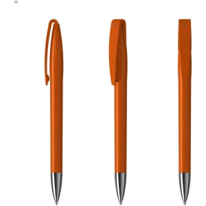 Three orange metal pens with silver accents, featuring a sleek design and a logo on the barrel.