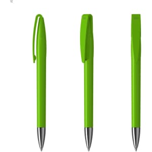 A set of three bright green metal pens with a silver tip and a built-in clip. Each pen has a distinctive design.