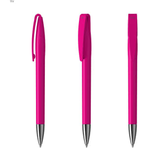 Three bright pink metal pens with a glossy finish and a silver clip, featuring a logo on the barrel.