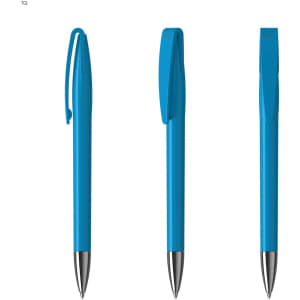 A set of three blue metal pens with silver tips and clips, featuring a simple, sleek design.