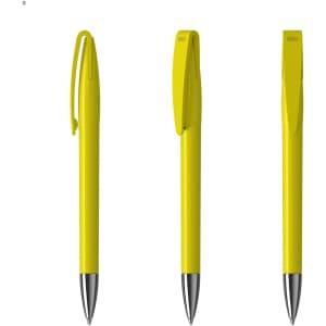 A metal pen with a bright yellow body and a silver tip, featuring a clip and a branding logo.
