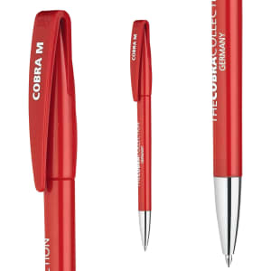 A metal pen in bright red with a silver tip and clip, featuring a logo.