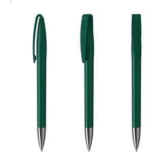 A set of three green metal pens with silver tips, featuring a clip design and a branding logo.