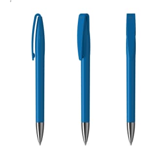 A set of three blue metal pens with silver tips and clips, featuring a simple design and a branded logo.