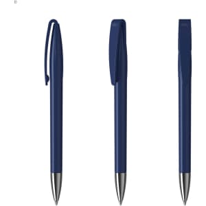 A set of three navy metal pens with a sleek design and clips, featuring a shiny silver tip.