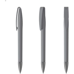 A set of three metal pens in grey with silver accents and clips, featuring a sleek design and brand logo.
