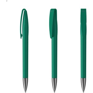 A collection of green metal pens with a shiny silver tip and clip, featuring a minimalist design.