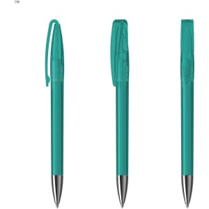 A set of three transparent turquoise plastic pens with silver tips, featuring a clip on each pen.