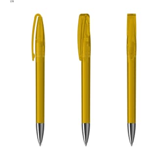A transparent yellow plastic pen with a silver tip and clip, featuring a simple design and a logo.