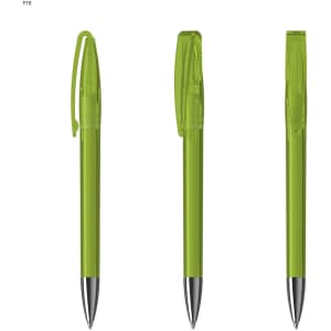 A set of three transparent green plastic pens with black accents and clips. Each pen features a sleek design.