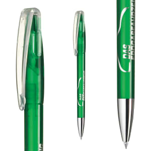 A green plastic pen with a transparent body and silver trim. The pen features a clip and branding.