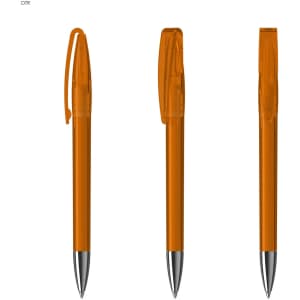 An orange plastic pen with a transparent body and silver accents, featuring a clip on the cap.
