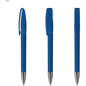 A transparent blue plastic pen with a silver tip and a clip, shown from three different angles.