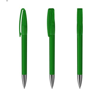 A set of three transparent green plastic pens with silver accents and clip caps, featuring a logo.