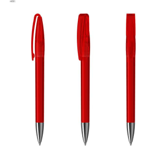 A set of three transparent red plastic pens with silver tips and clips, displayed from different angles.