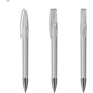 A pen featuring a transparent body with a black tip and clip, highlighting its sleek design. It includes a branding logo.