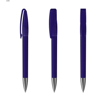 A set of three transparent purple plastic pens with silver tips and clips. Each pen is presented in a different position.