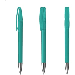 A teal plastic pen with a silver tip, featuring a transparent cap and a clip, displayed from multiple angles.