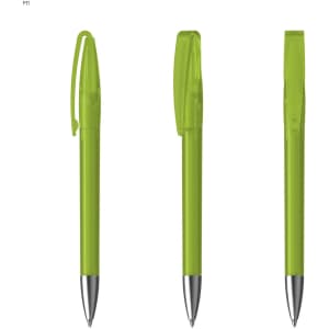 A set of green plastic pens with silver tips and clips, featuring a simple and sleek design.