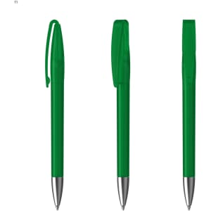 A green plastic pen with a silver tip, featuring a clip and a clear cap. The pen has a logo on it.