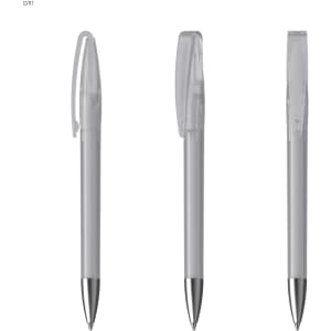 A set of three plastic pens in clear and silver, featuring a clip and a sleek design. Each pen has a logo.