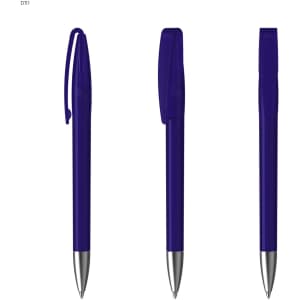 A purple plastic pen with a silver tip and a clip, featuring a simple design and a branding logo.