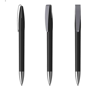 A set of three black plastic pens with silver accents and clips, featuring a sleek design.