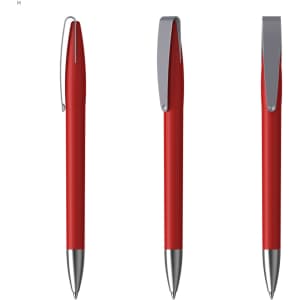 A red plastic pen featuring a silver clip and tip, presented in three angles.