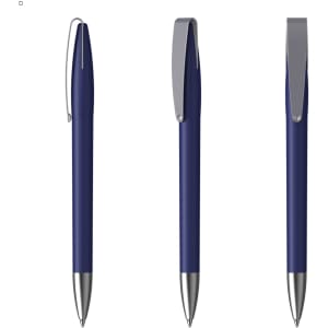 A blue plastic pen with a silver clip, displayed from three angles. The pen features a sleek design.