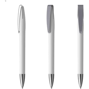 A set of three plastic pens in white with silver accents and clips, featuring a sleek design.