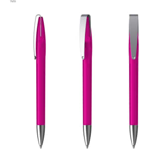 A set of three metal pens in vibrant pink with silver clips, showcasing different angles of the design.