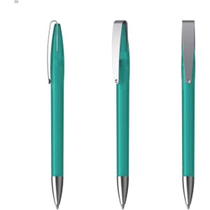 A metal pen in teal with a silver clip, displayed from three different angles. The pen has a sleek design and appears stylish.