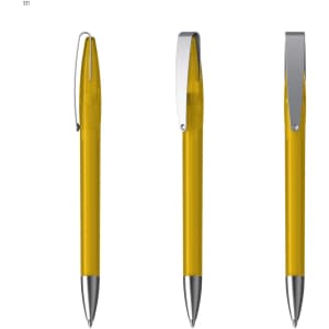 A metal pen in bright yellow with a silver clip and point, displayed from three different angles.