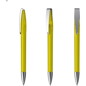 A yellow metal pen with a shiny silver clip, displayed in three different angles.