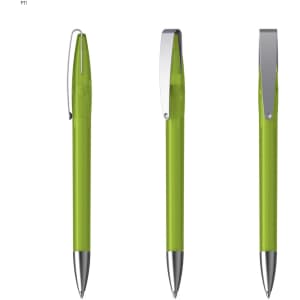 A green metal pen with a silver clip is displayed from three angles, showcasing its sleek design.
