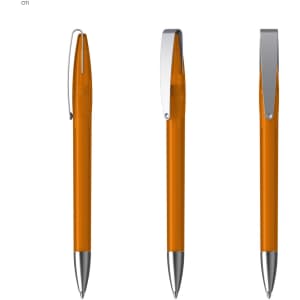 An orange metal pen with a silver clip, displayed from three different angles.