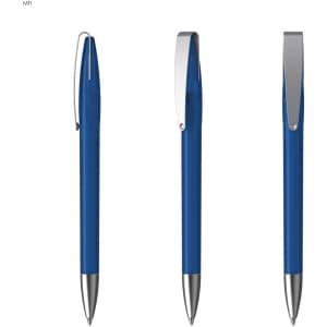 A metal pen in blue with a silver clip and a polished tip, displayed from multiple angles.