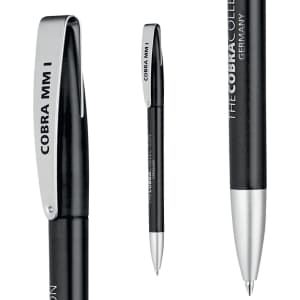 A metal pen named "Cobra MM Ice" featuring a sleek black body and silver accents, with a logo on the clip.