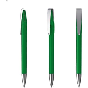 A green metal pen with a silver clip, displayed from three different angles.