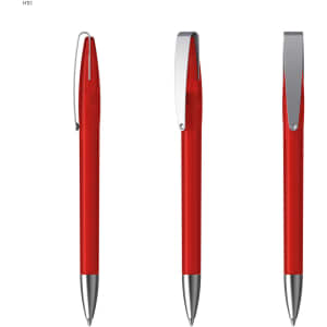 A red metal pen with a shiny silver clip and detailing, displayed from three different angles.